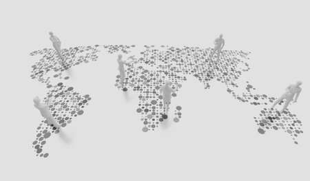 Group of businessmen standing on map background, world map, international trade communication concept, teamwork, finance, trade, businessman gesture standing on world map, 3D illustrationの写真素材