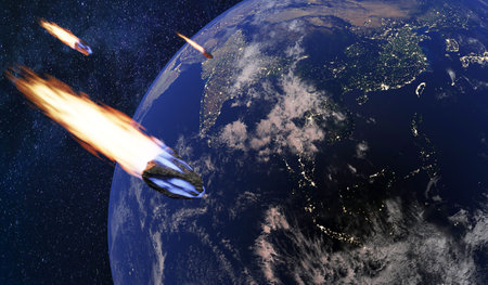 Comet hits Earth, asteroid hits Earth, meteorite falls and burns up in the atmosphere, 3D rendering.