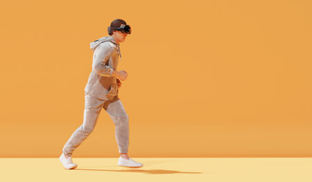 Man wearing VR glasses while running, technology and modern life concept, 3D rendering.の写真素材