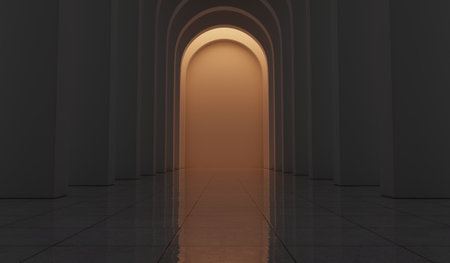 Empty corridor with many white arches in perspective view. Abstract architecture. Archway. Interior design. Step forward. Philosophical classic. Illuminated corridor. 3D illustrationの写真素材