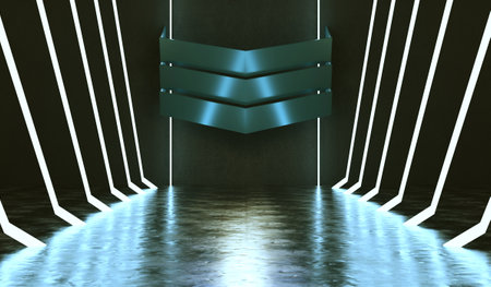 Abstract architecture neon and laser lights. Technology interior design. Illuminated corridor. 3D...