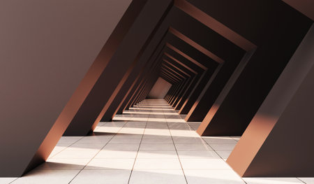 Empty corridor with many square arches in perspective view. Abstract architecture. Arch. Interior design. Step forward. Philosophical classic. Illuminated corridor. 3D illustration.の写真素材