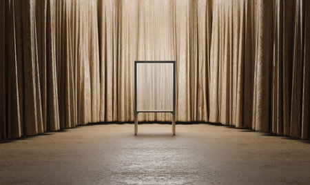 Showcase, glass cabinet, curtain hall, luxury stage, scene, curtain, 3D illustrationの写真素材