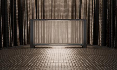 Showcase, glass cabinet, curtain hall, luxury stage, scene, curtain, 3D illustrationの写真素材