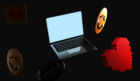 Notebook and social media icons 3D illustrationの写真素材