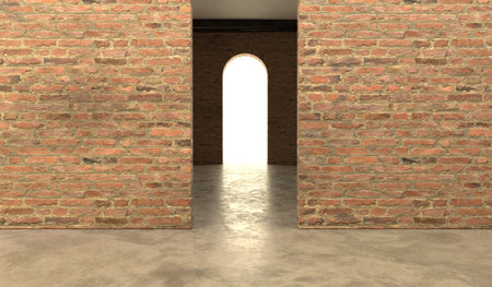 Inside the building, brick wall, old building, 3D illustrationの写真素材