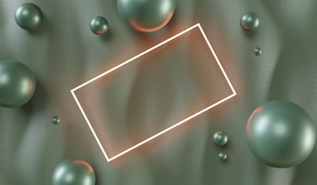 Neon glowing frame on canvas and floating beads. 3D illustration.の写真素材