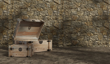 Treasure chest, opened box, antique box, 3D illustrationの写真素材