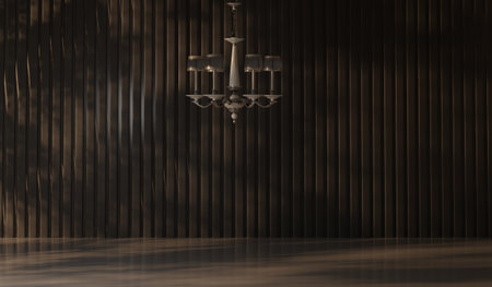 Room with ceiling lamp, wooden slat wall, 3D illustrationの写真素材