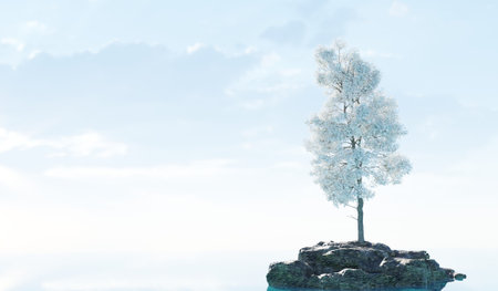 Tree on a small island, water surface, lake, 3D illustration