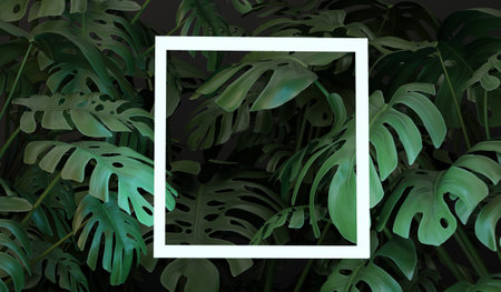 Neon glowing frame, natural leaf background, 3D illustrationの写真素材