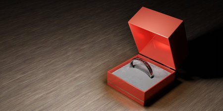 Wedding ring, diamond ring, ring box, 3D illustrationの写真素材