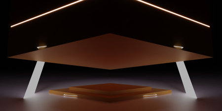 Square podium and glowing neon light bars, neon color, background, abstract, 3d illustration
