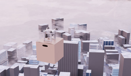 Drone delivery in city, delivery, aerial view, parcel delivery, 3d illustrationの写真素材