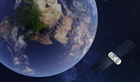 Satellite floating in orbit of the earth. Sci-fi style. Remote communication. Background,...