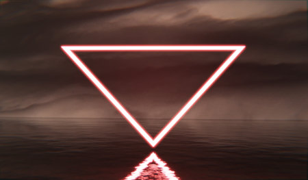 Neon glowing triangle frame floating on the water surface, sea water, 3D illustrationの写真素材