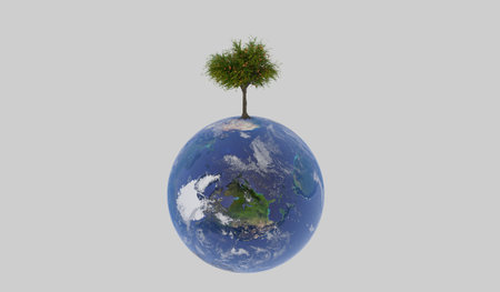 Tree grows on the globe, concept of natural resource conservation, love the world, 3D illustration