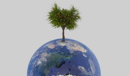 Tree grows on the globe, concept of natural resource conservation, love the world, 3D illustration