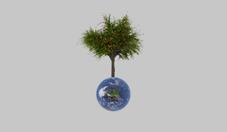 Tree grows on the globe, concept of natural resource conservation, love the world, 3D illustrationの写真素材
