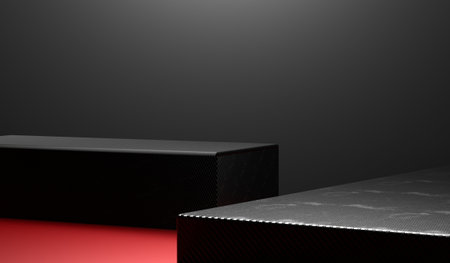 Square podium, black and red tone, product display stand, background, 3D illustrationの写真素材