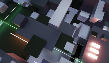 Abstract background. Multicolored square blocks and neon light bars. 3D illustrationの写真素材