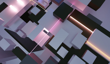 Abstract background. Multicolored square blocks and neon light bars. 3D illustrationの写真素材