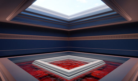 Square room with a well in the center and a platform for placing goods. 3D illustrationの写真素材