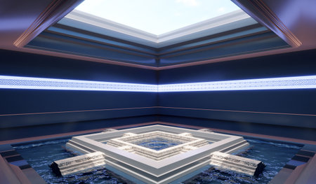 Square room with a well in the center and a platform for placing goods. 3D illustrationの写真素材