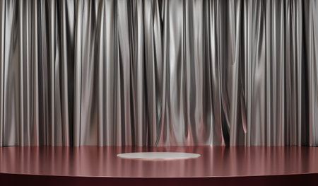Shiny curtain background with circle stage, backdrop, showroom, 3D illustration