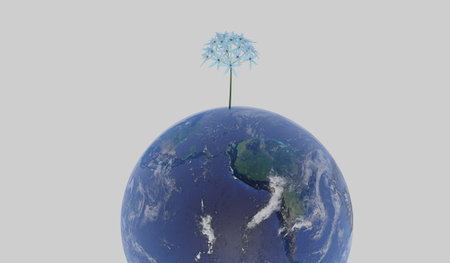 Flowers grow on the globe, the concept of natural resource conservation, love the world, 3D...