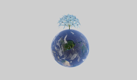 Flowers grow on the globe, the concept of natural resource conservation, love the world, 3D illustrationの写真素材