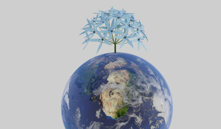 Flowers grow on the globe, the concept of natural resource conservation, love the world, 3D illustrationの写真素材