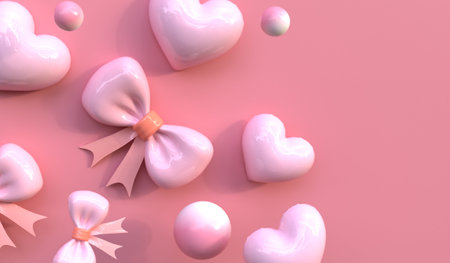 Heart and bow background, empty scene decorated with hearts, 3D illustration