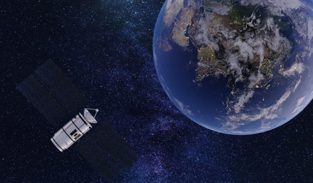 Communication satellites, outer space, satellites floating in orbit, 3D illustration