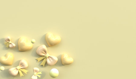 Heart and bow background, empty scene decorated with hearts, 3D illustration