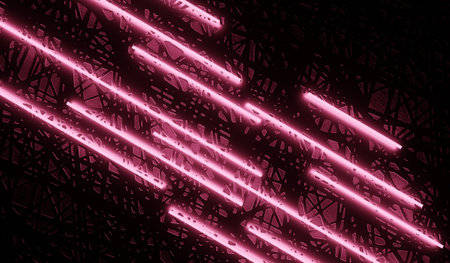 Neon sticks on shiny floor, laser, technology background, 3D illustration.