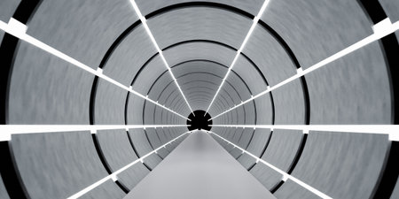 Tunnel; walkway; modern pipes; neon lights; floor; 3D illustrationの写真素材