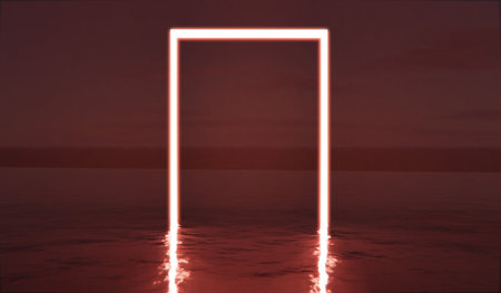 Neon light frame on water surface, technology background, abstract, 3D illustrationの写真素材