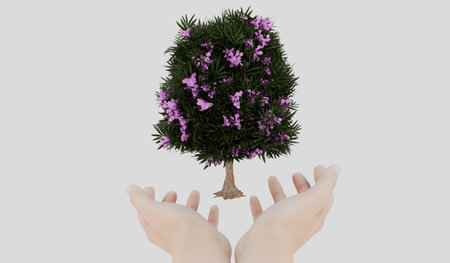 Two hands holding a tree, nature conservation concept, 3D illustration