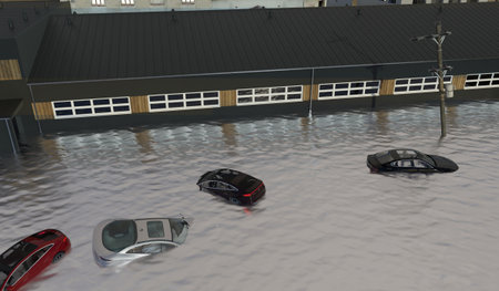 Abstract background, city flood, floating cars, submerged cars, 3D illustrationの写真素材