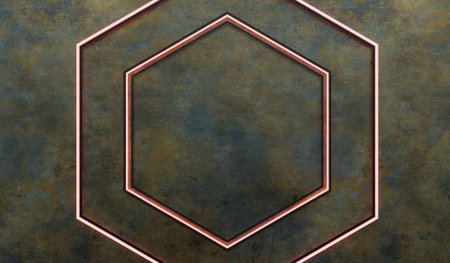 Hexagon frame, neon, abstract background, 3D illustrationの写真素材