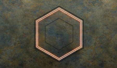 Hexagon frame, neon, abstract background, 3D illustrationの写真素材