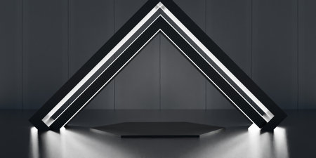 Modern showroom, triangle stage and neon lights, technology background, 3D illustration