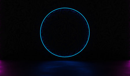 Neon circle scene, modern showroom, 3D illustrationの写真素材