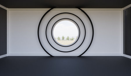 Room with circular window, showroom, stage, 3D illustrationの写真素材