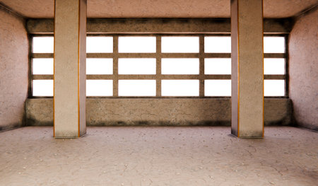 Square room, old walls, light shining through, 3D illustrationの写真素材