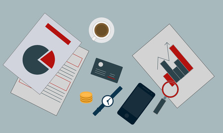 Equipment set for office with card, infographic on paper and phoneのイラスト素材