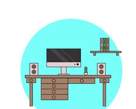 Workspace with a computer and bookshelfのイラスト素材