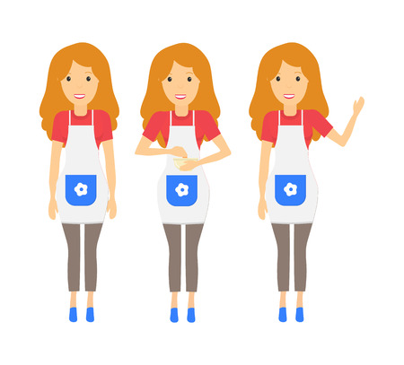 Housewife character set. House woman. House hold concept. Happy smilling woman. Flat vector illustration. Isolated on white background.のイラスト素材