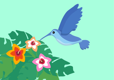 Cute blue flying colibri bird. Logo template. Flat icon. Tropical plants. Exotic bird isolated on blue background. Summer tropical graphic element. Tropical animal. Flat vector illustration.のイラスト素材